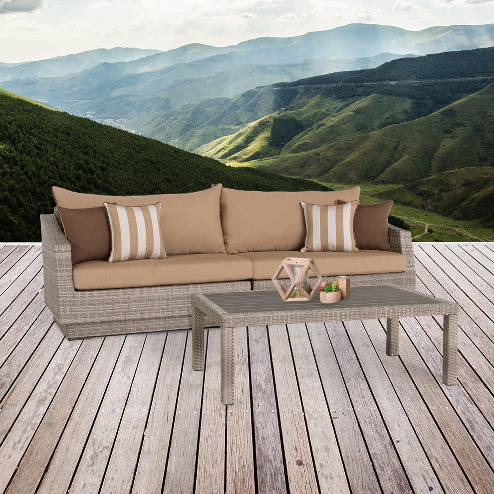 Cannes 2 Piece Sunbrella Outdoor Patio Sofa and Deluxe Outdoor Coffee Table Set, Beige