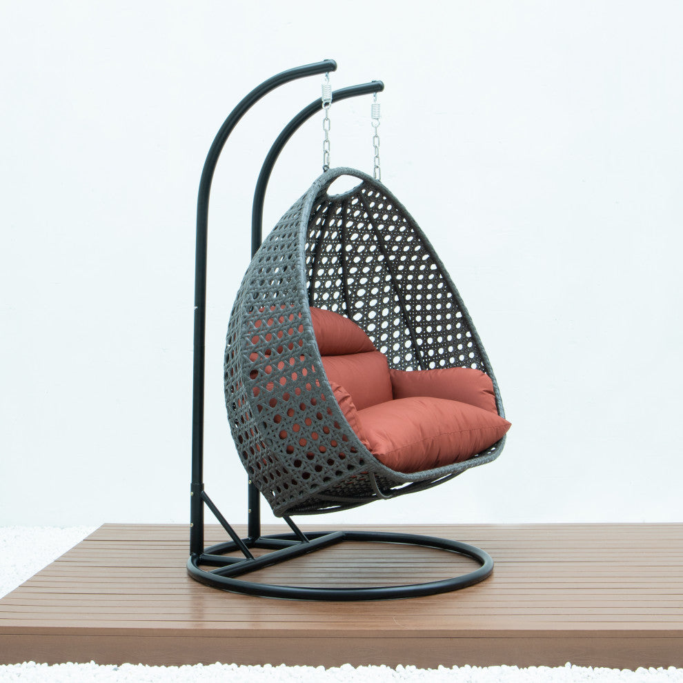 2 Person Charcoal Wicker Double Hanging Egg Swing Chair, Dark Orange