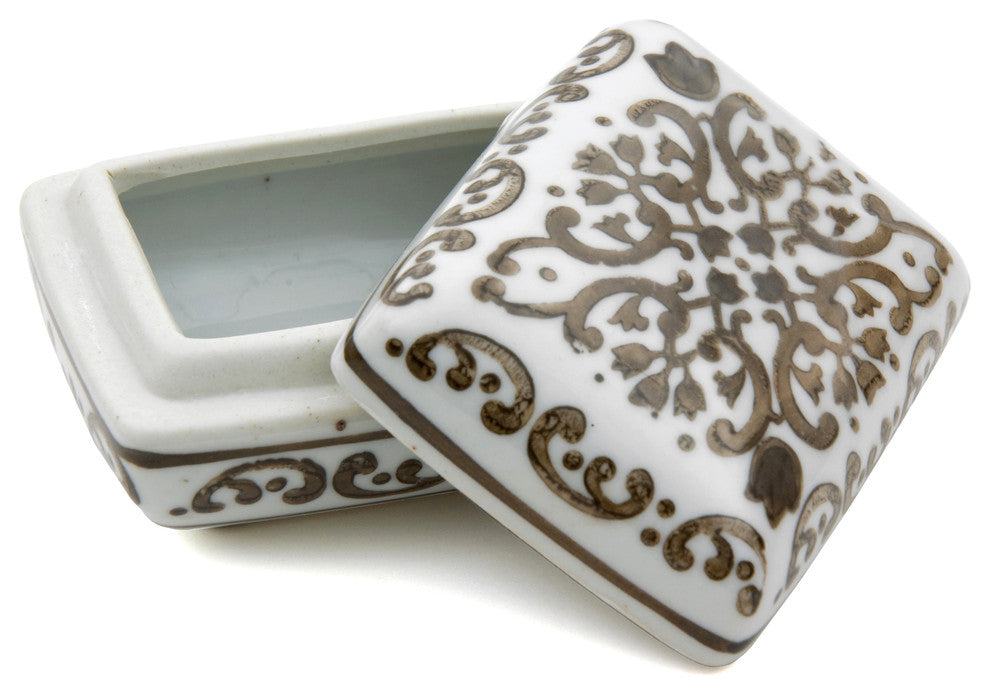 3 1/2" Floral Brown and White Porcelain Small Jewelry Box