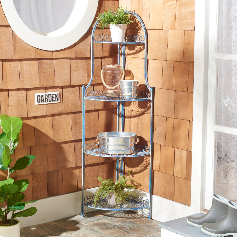 Safavieh Abarrane Wrought Iron 4-Tier Outdoor Corner Shelf Antique Blue