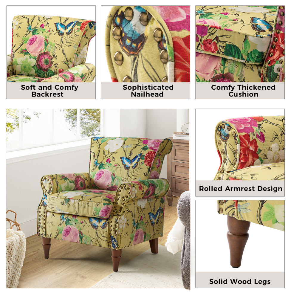 Wooden Upholstered Armchair, Mustard