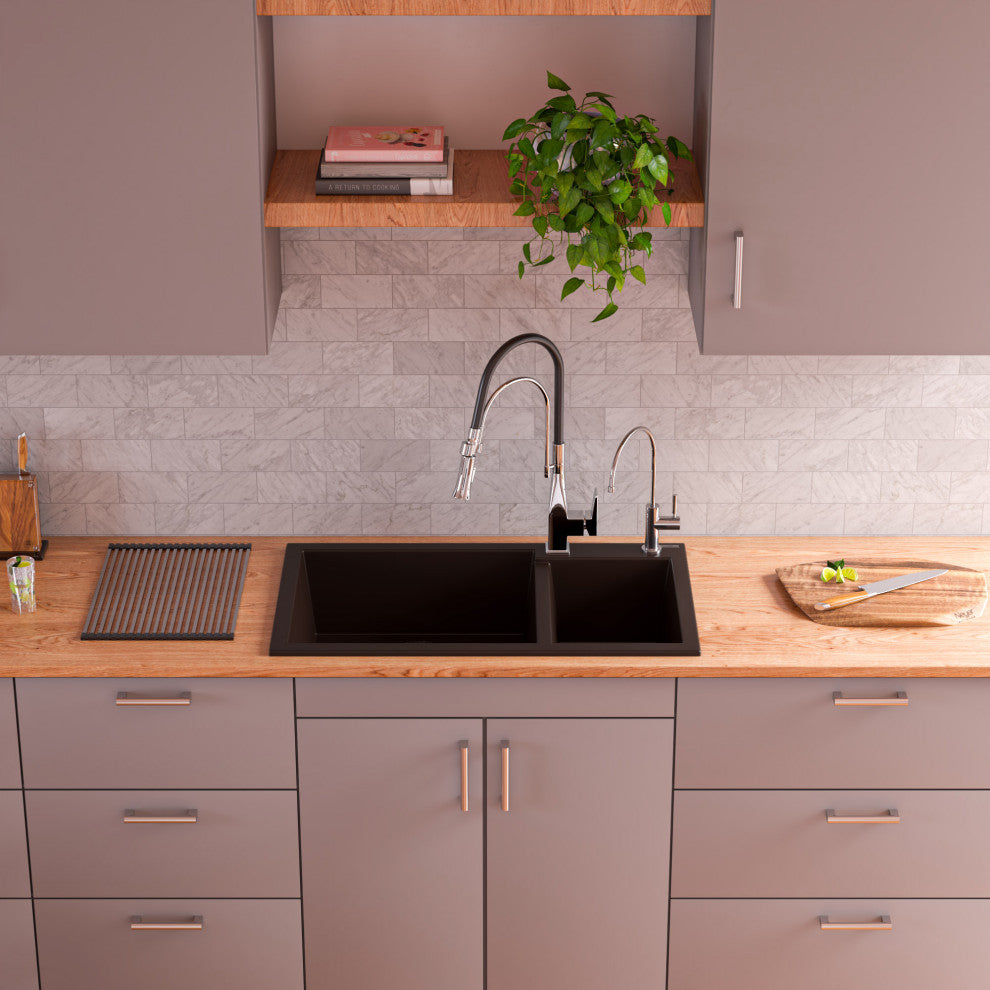 Chocolate 34" Double Bowl Drop In Granite Composite Kitchen Sink