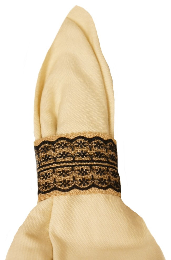 2" Jute Napkin Ring With Lace, Set of 8, Black