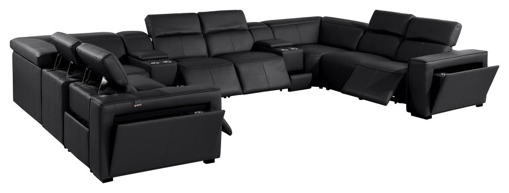 Niccolo Italian Leather 10-Piece U-Shaped 4 Power Reclining Sectional, Black