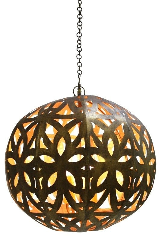 Dark Gold Floral Cutout Pendant Light, Round Globe Sphere Chandelier