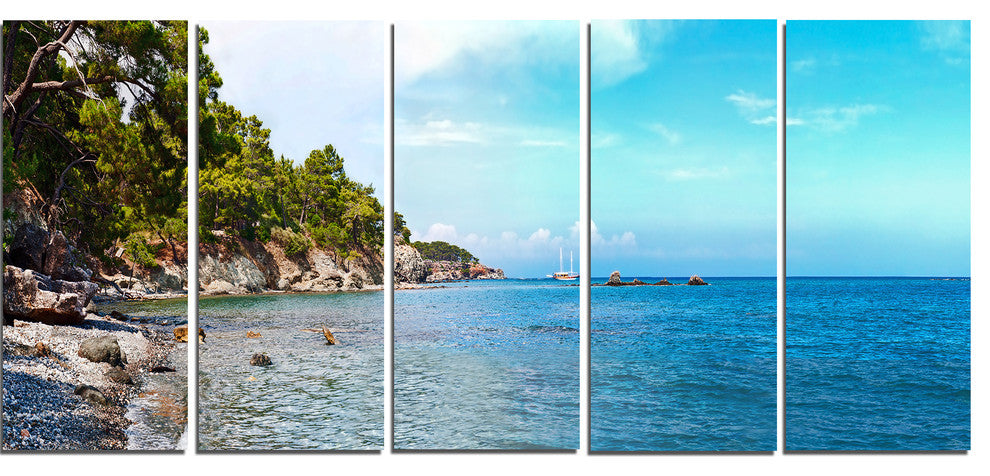 "Wild Blue Beach Panorama View" Seashore Wall Art, 5 Panels, 60"x28"