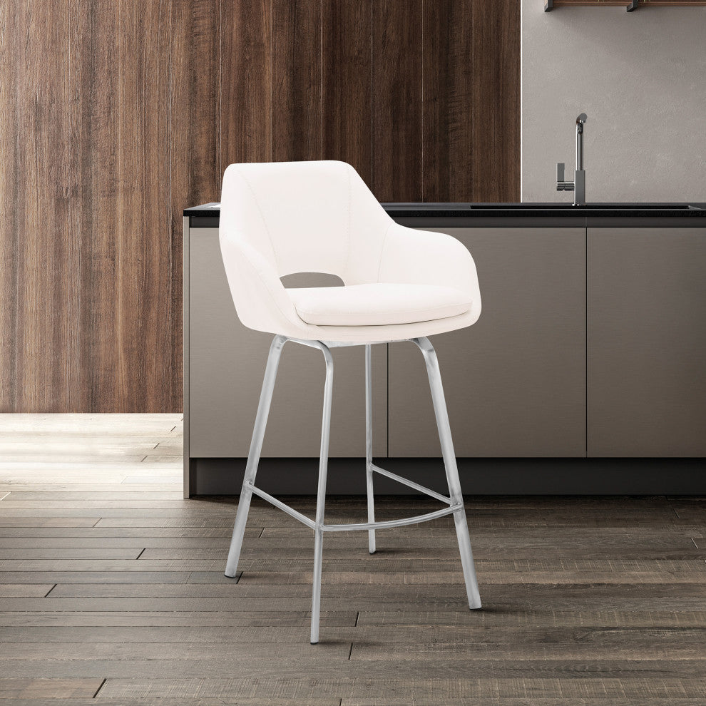 Aura Faux Leather and Metal Bar Stool, Stainless Steel and White, Counter Height, 23-28"