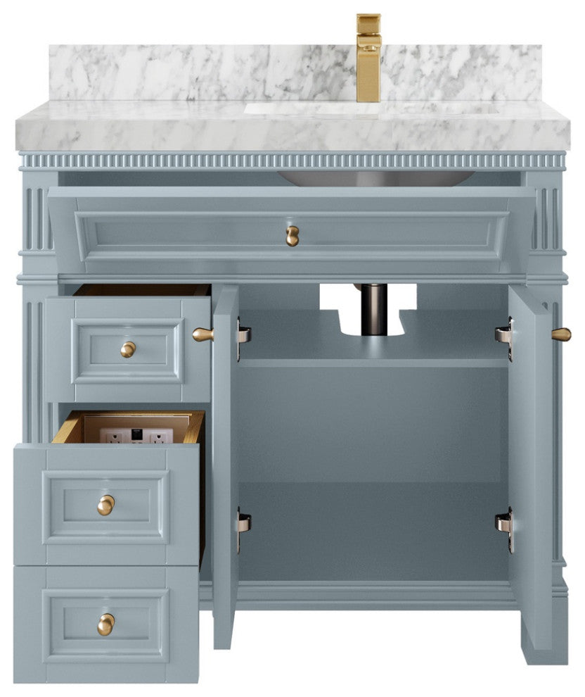 Paris 36" Right Offset Bathroom Vanity, Blue Heather 2" Carrara Marble
