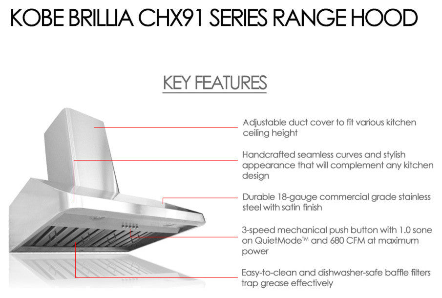 Kobe Brillia Wall Mount Range Hood, Silver, 30"