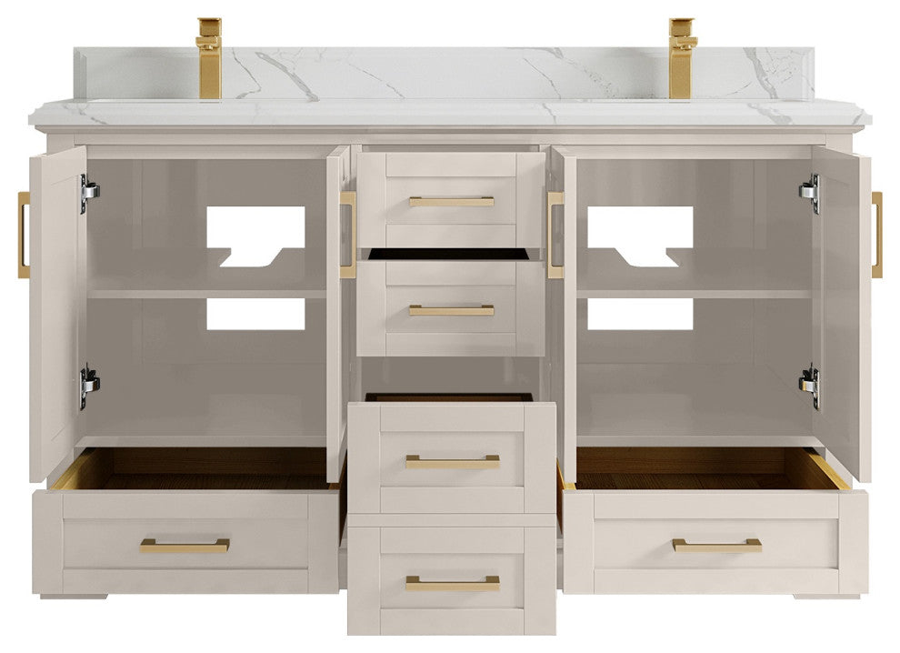 Boston 60" Double Bathroom Vanity in Fine Grain 1.5" Calacatta Laza