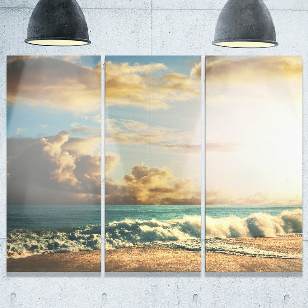 "Green Sea Beach Under Cloudy Sky" Beach Metal Wall Art, 3 Panels, 36"x28"