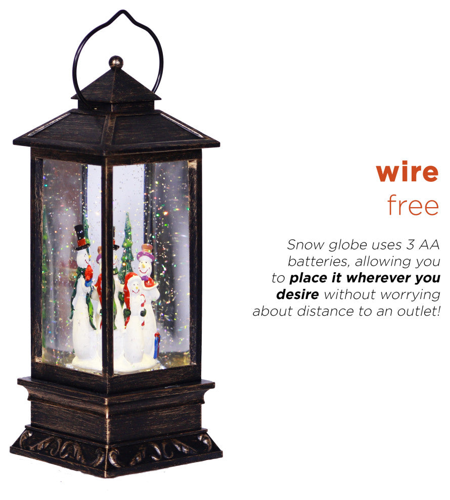 11"H Indoor Lantern Snowman Snow Globe Holiday Decoration with LED Light, Bronze