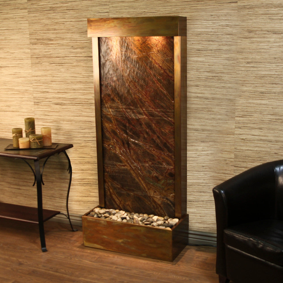 Harmony River Flush Mount Water Fountain, Brown Marble, Rustic Copper