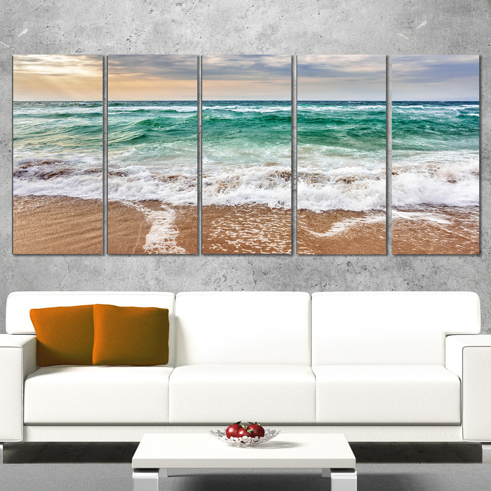 "Crystal Clear Blue Foaming Waves" Seashore Canvas Wall Art, 5 Panels, 60"x28"