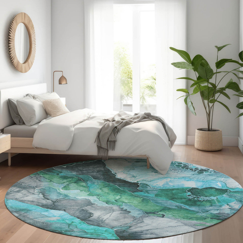 Machine Washable Indoor/Outdoor Chantille ACN1864 Teal 8' x 8' Round Rug