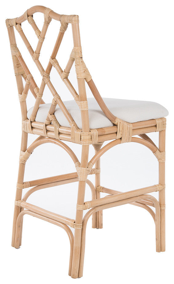 Chippendale Rattan Stool, Natural Color With Off-White Upholstery, Counterstool