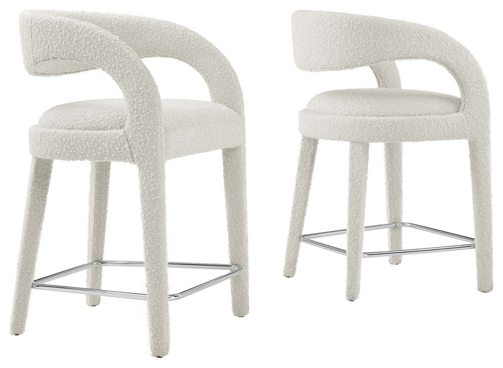 Pinnacle Boucle Upholstered Counter Stool Set of 2, Ivory Silver