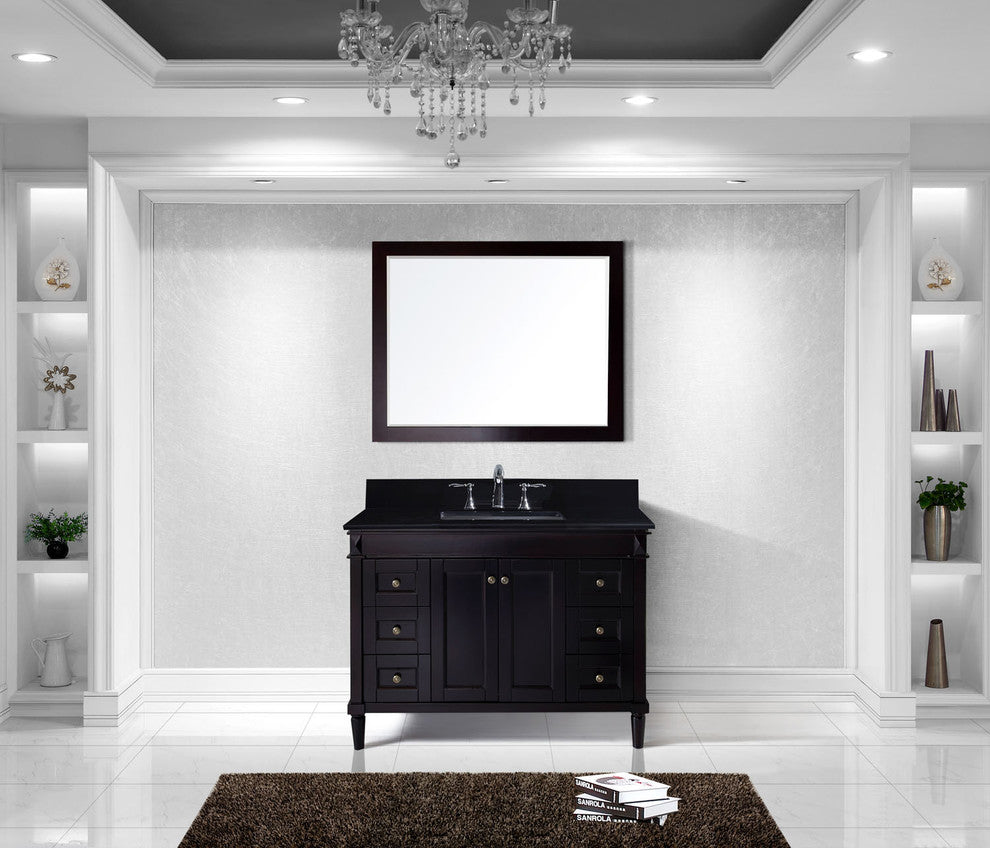 Virtu Tiffany 48" Single Bathroom Vanity, Espresso , Black Granite Top, Mirror