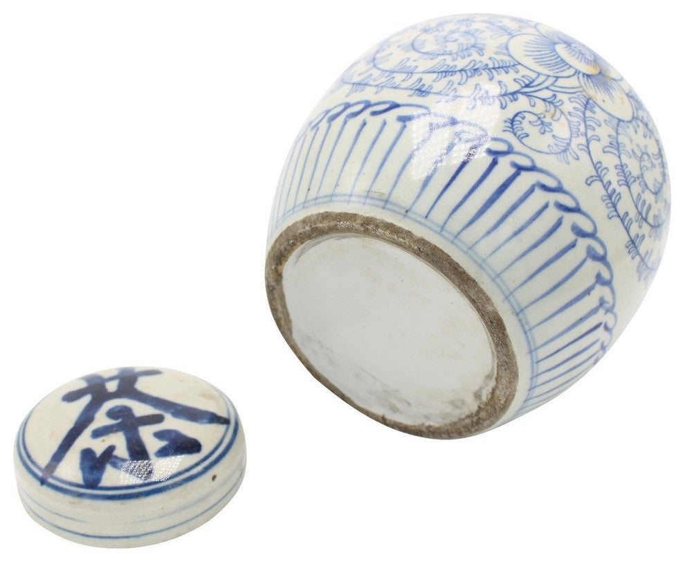 Blue and White Porcelain Tea Cha Word Ginger Jar Lotus Motif 6"
