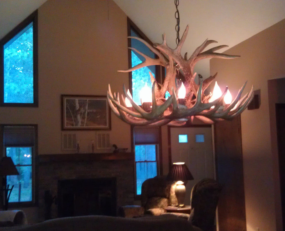 Whitetail Deer Single Tier Antler Chandelier Light, Large, Rawhide Shades