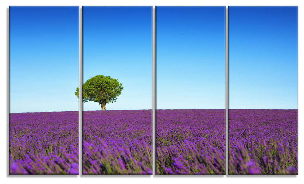 "Green Tree Among Lavender Flowers" Landscape Wall Art Print, 4 Panels, 48"x28"