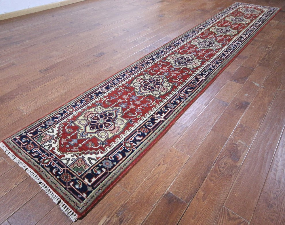 Floral Red Heriz Serapi Hand-Knotted Wool Rug, 3'x16'