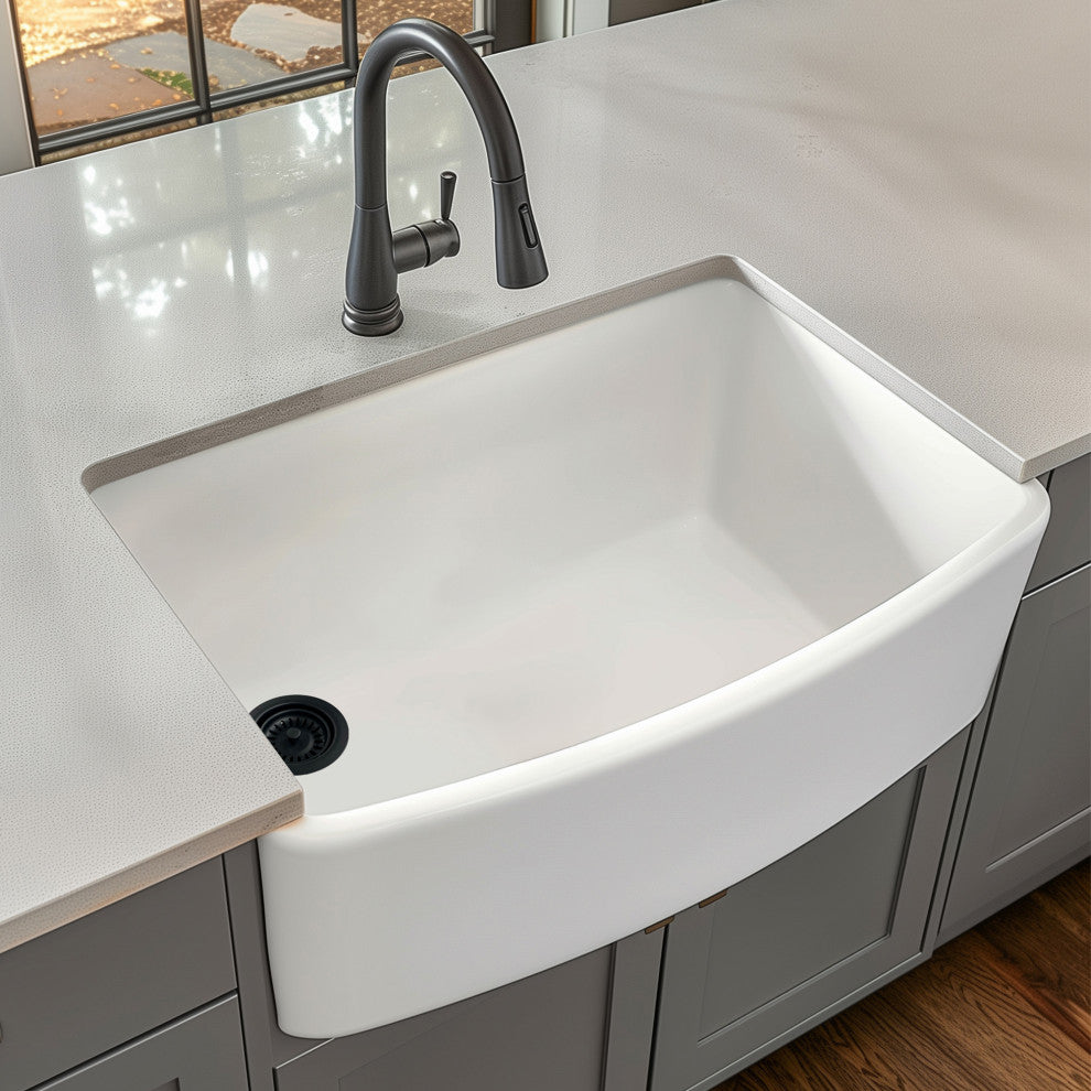 Austen Crisp White Fireclay 33" Single Bowl Bow Front Undermount Kitchen Sink