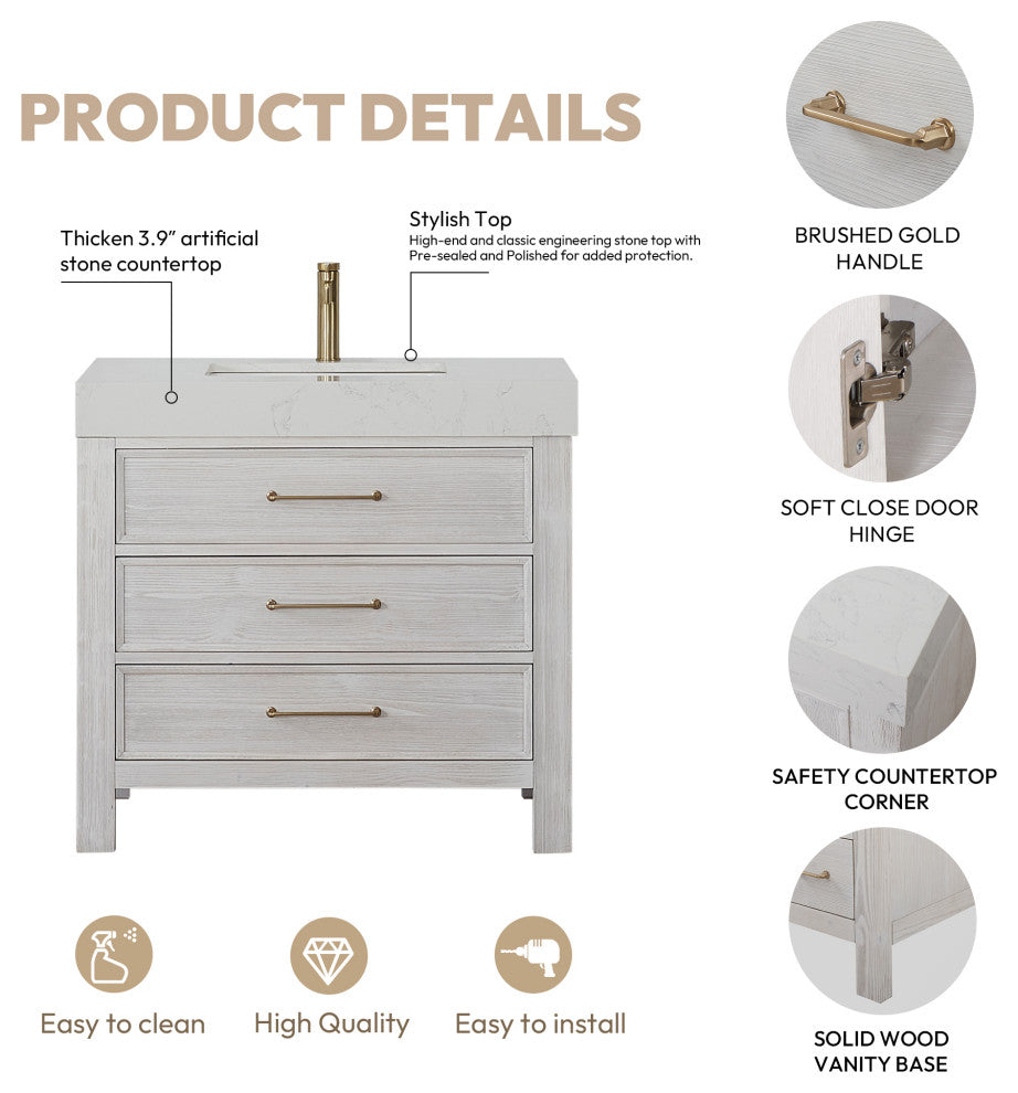 Leon Bath Vanity With Composite Stone Top, Washed White, 36", No Mirror