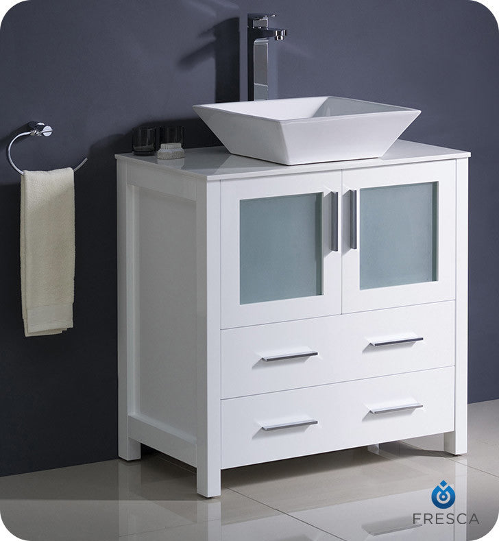 Torino 30" Bathroom Cabinet, Base: White, With Top, Vessel Sink