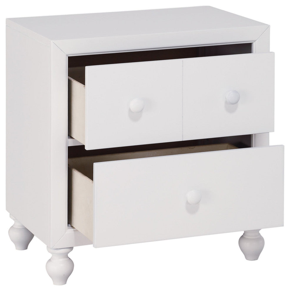 Modern Farmhouse Nightstand, Turned Bun Feet & Smooth Gliding Drawers, White, White