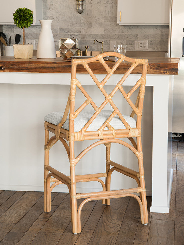 Chippendale Rattan Stool, Natural Color With Off-White Upholstery, Counterstool