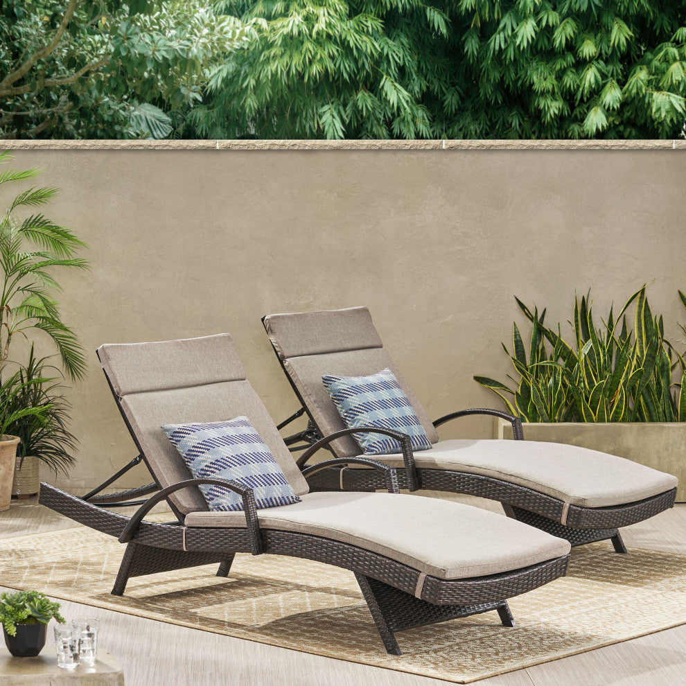 GDF Studio Ann Outdoor Wicker Chaise Lounge With Arms and Cushion, Set of 2, Charcoal