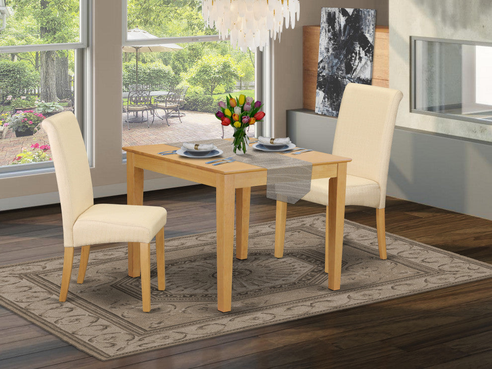 3Pc Square Table With Linen Beige Fabric Parson Chairs With Oak Chair Legs