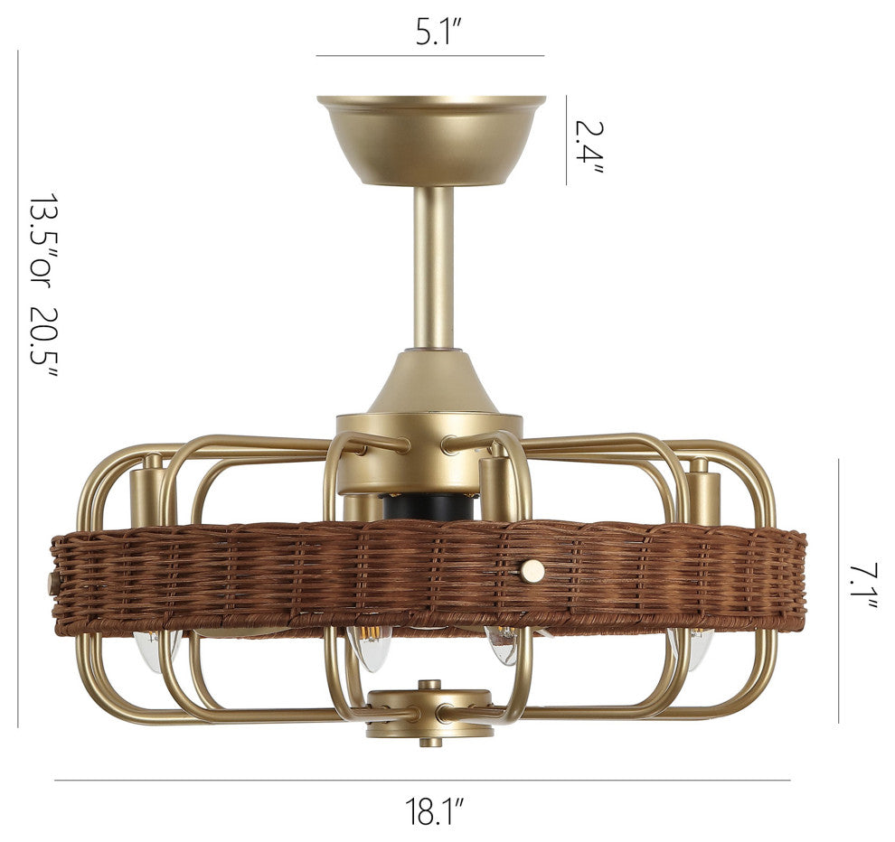 GetLedel 18" Rattan Ceiling Fan With Remote and Light, Gold/Walnut