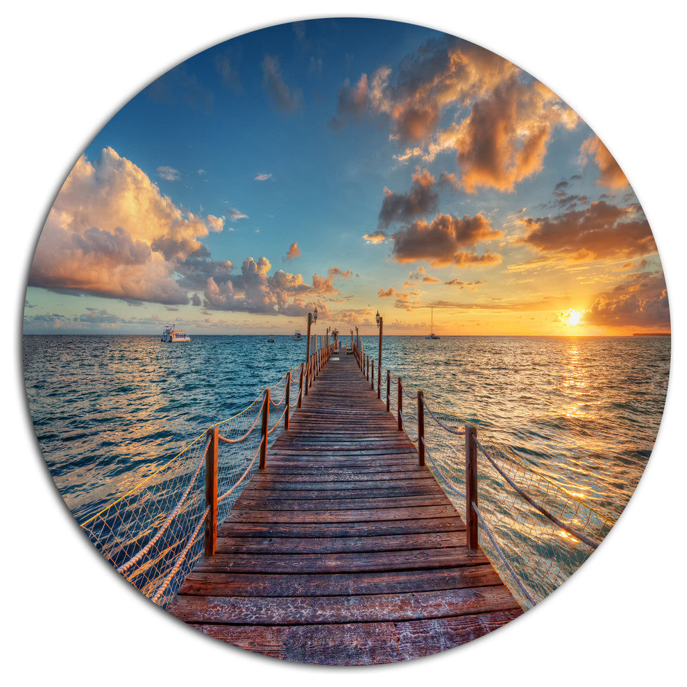 Brilliant Sunrise Over Sea Pier, Modern Bridge Round Wall Art, 36"