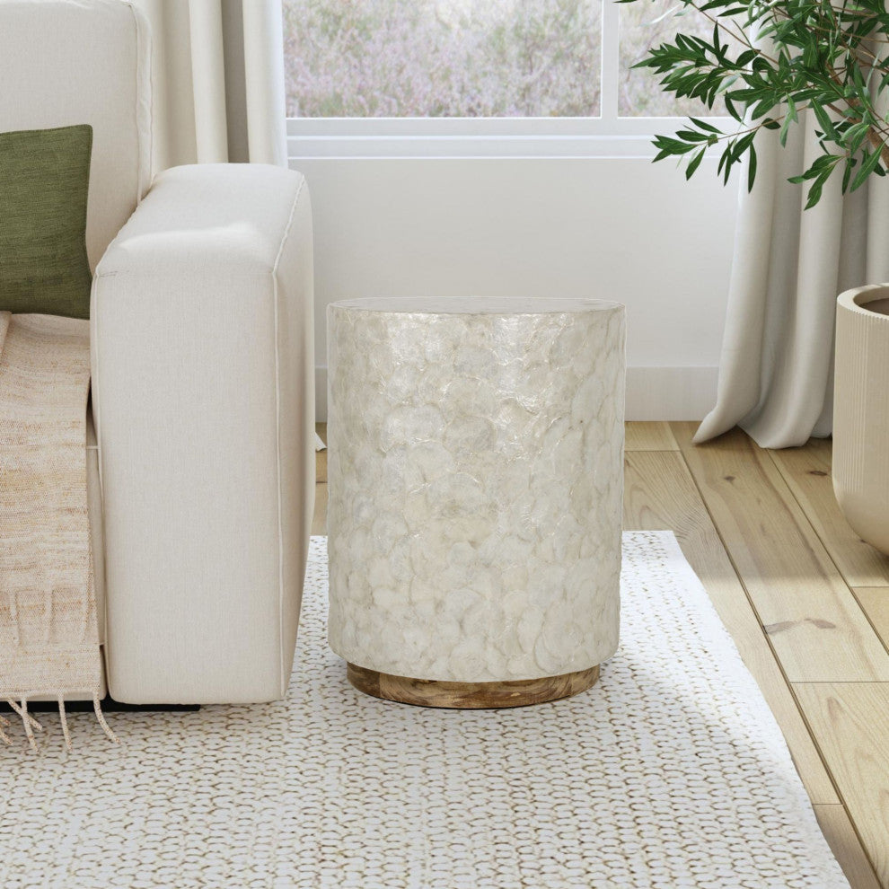 East at Main Sable Off-White Wood and Capiz Round Accent Table