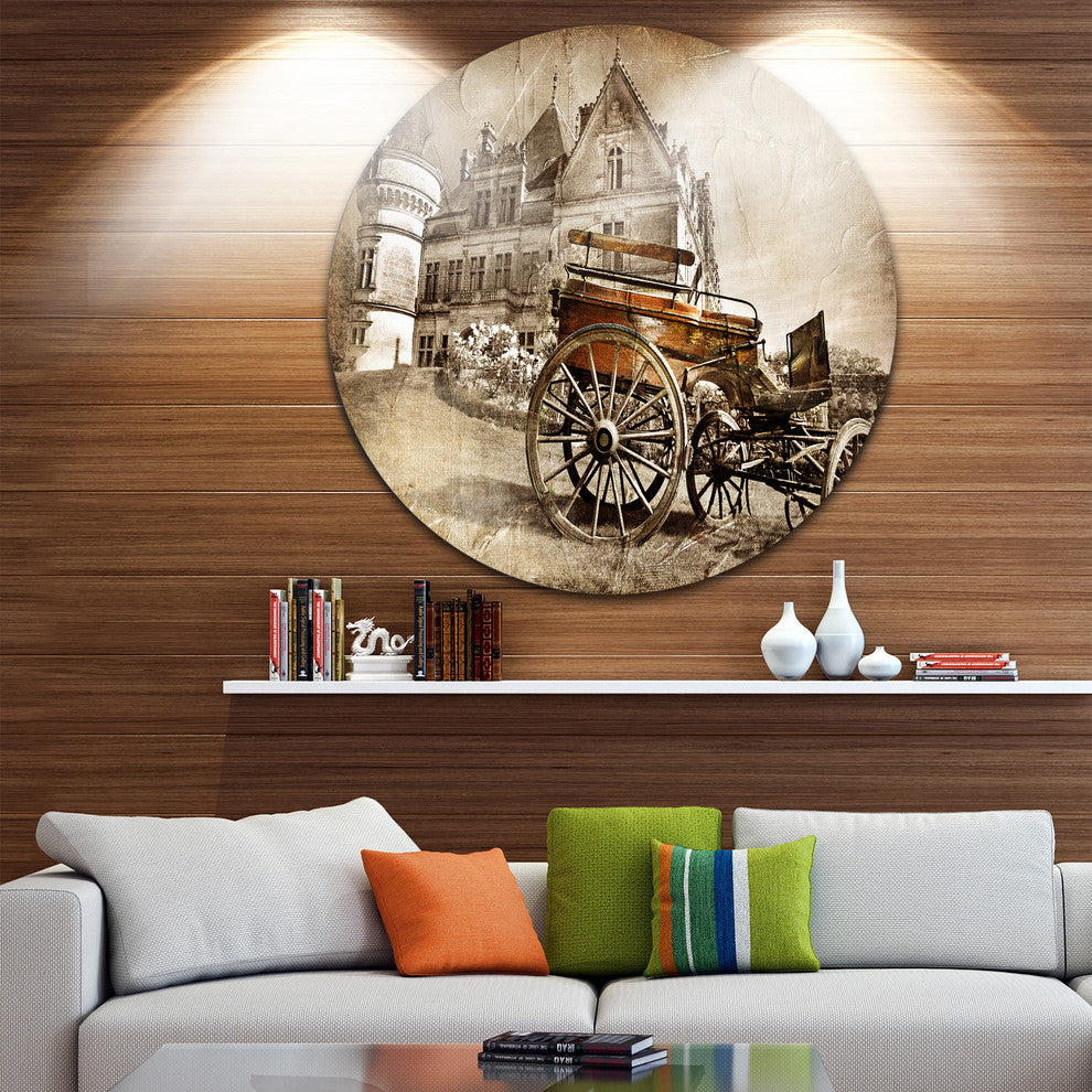 Medieval Castle With Carriage, Contemporary Disc Metal Artwork, 11"