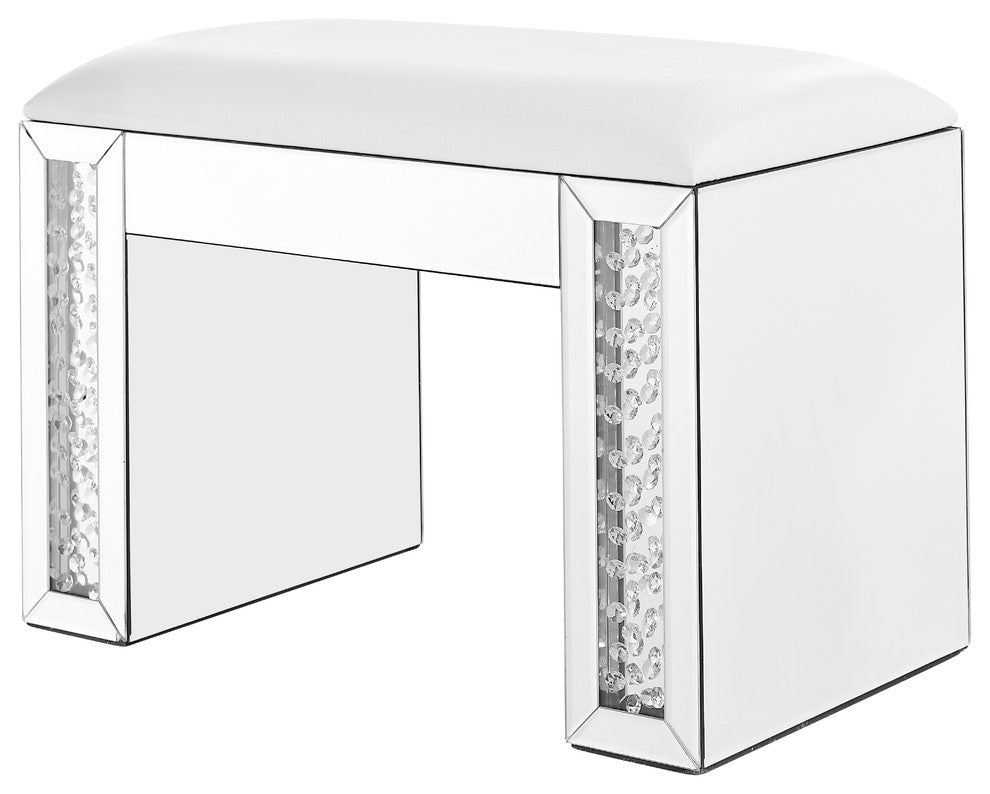 26" Crystal Vanity Leather Stool, Clear Mirror Finish