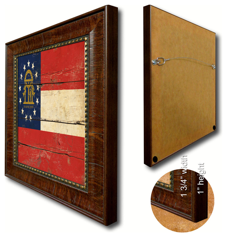 Georgia State Vintage Flag Print With Brown Gold Frame, 19"X27"