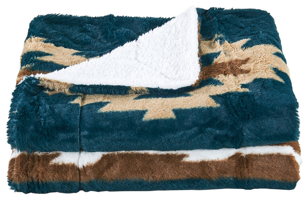 Southwest Faux Fur & Sherpa Backing Throw Blanket, Deep Teal, 60" X 80"