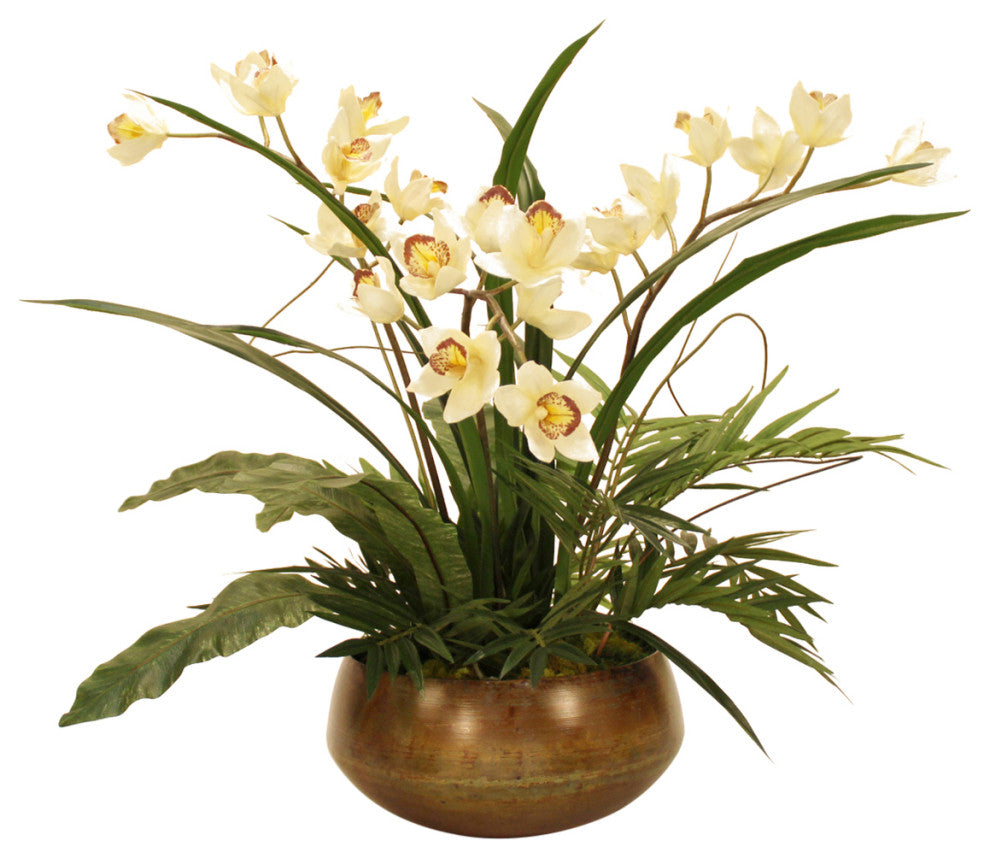 Cream Orchids with Purple Center in Metal Planter