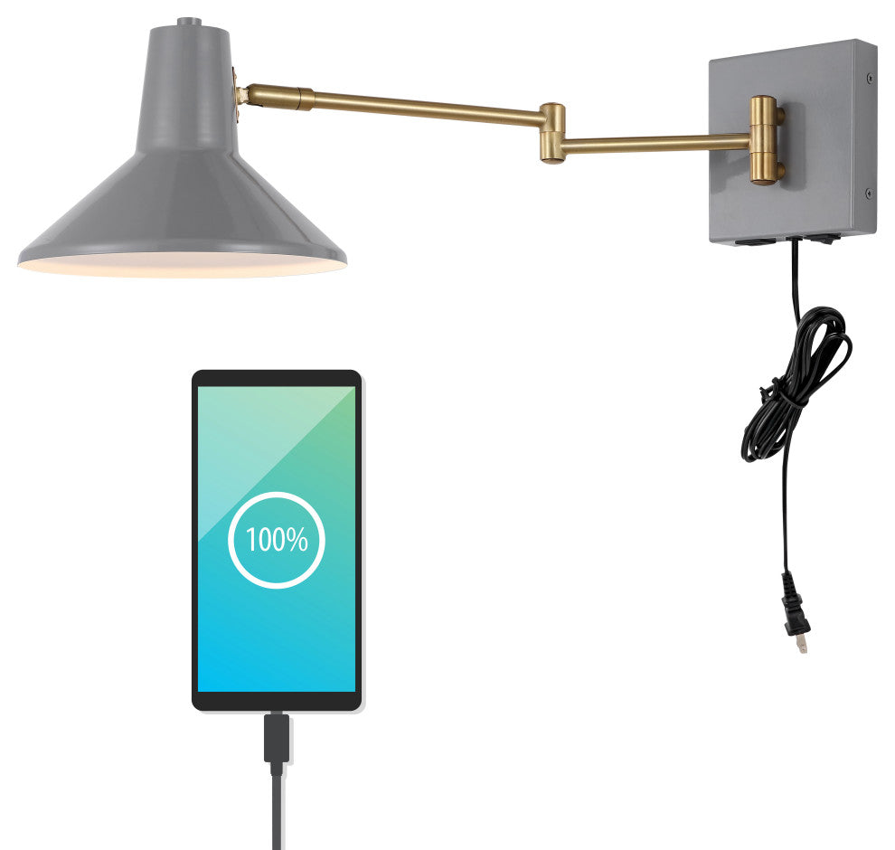 Hygge Swing Arm 1-Light Modern Midcentury Iron USB Charging Port LED Sconce, Gra