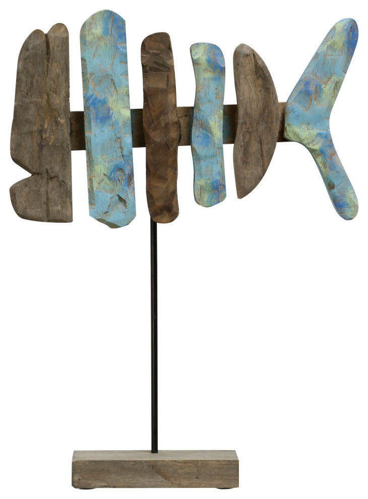 Fish Bone Hand Colored Natural Wood Fish Sculpture on Stand, Tall
