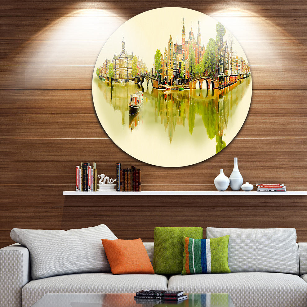 Amsterdam Panoramic View, Cityscape Watercolor Disc Metal Artwork, 23"