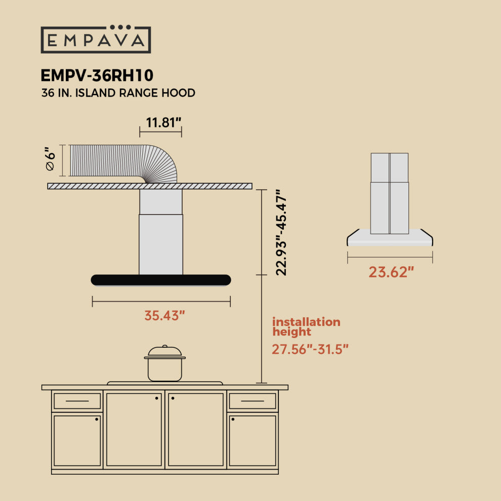 36 in. 400 CFM Island Range Hood Ducted Exhaust Kitchen Vent Tempered Glass