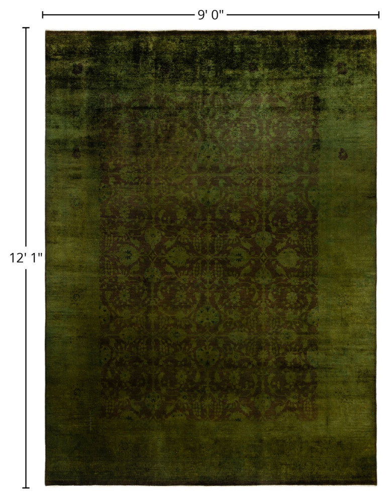 Overdyed One-of-a-Kind Hand-Knotted Area Rug Green, 9' 0" x 12' 1"