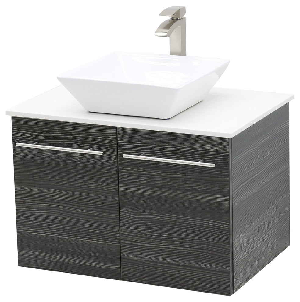 24" Wall Mount Vanity, White Stone Countertop, Dark Grey
