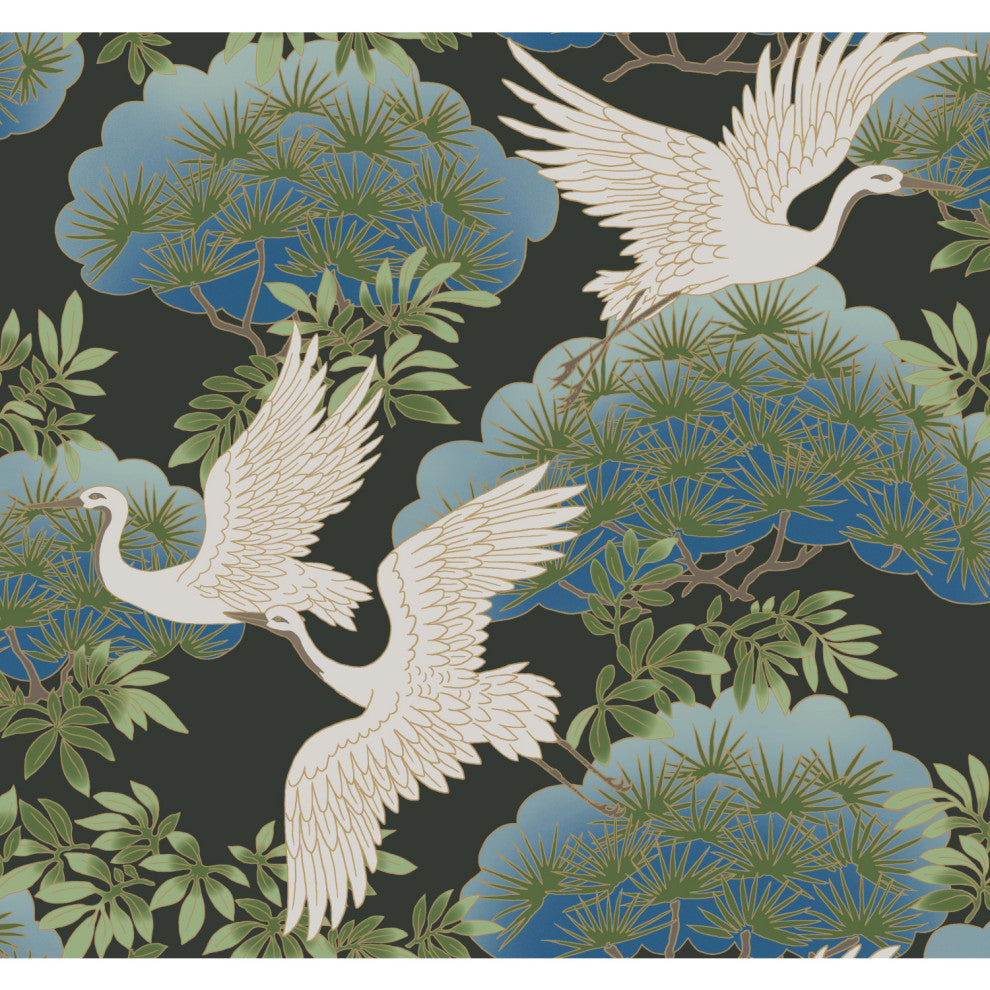 Sprig and Heron Black Wallpaper