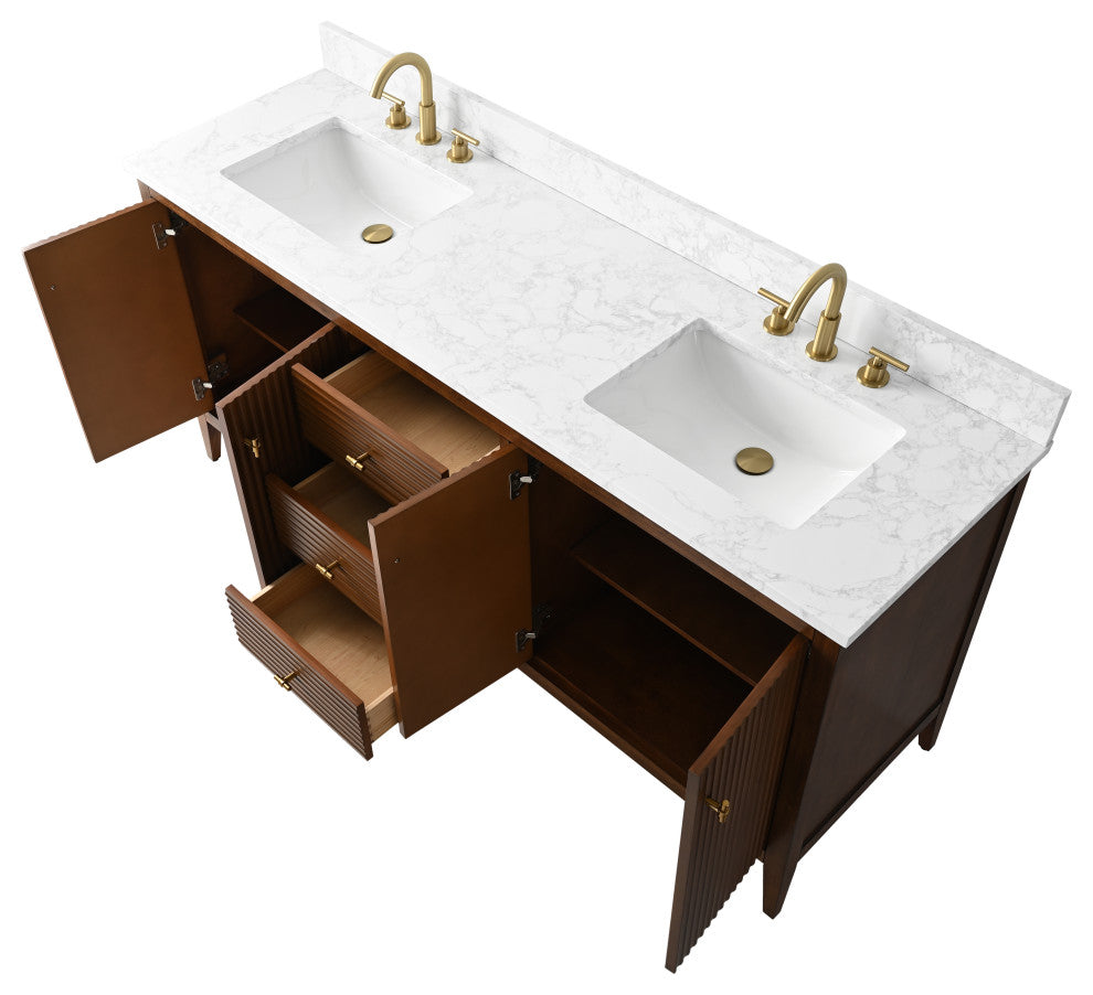 Vanity Art Freestanding Vanity, Walnut, 72", Double Sink, Golden Brushed