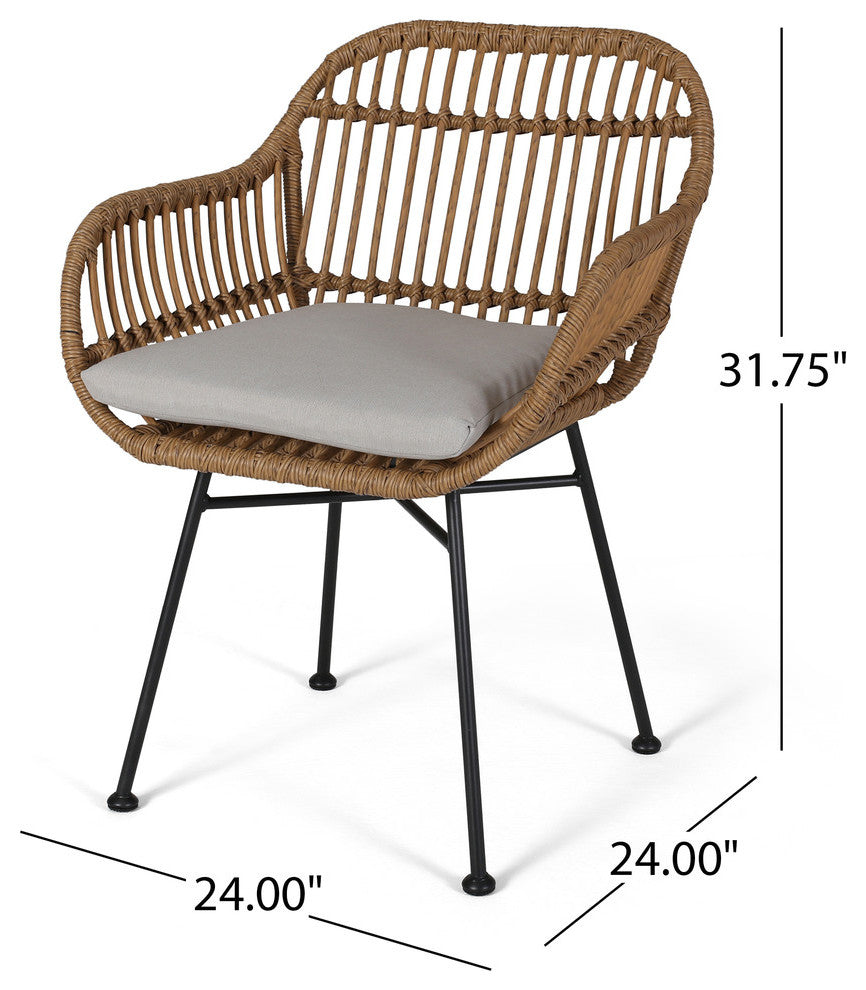 Rodney Outdoor Woven Faux Rattan Chairs With Cushions, Set of 2, Light Brown, Beige
